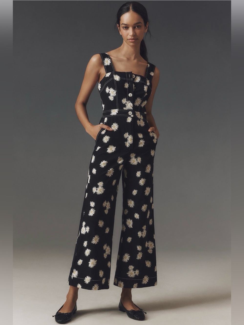 Maeve Black Sleeveless Daisy-Print Wide-Leg Jumpsuit